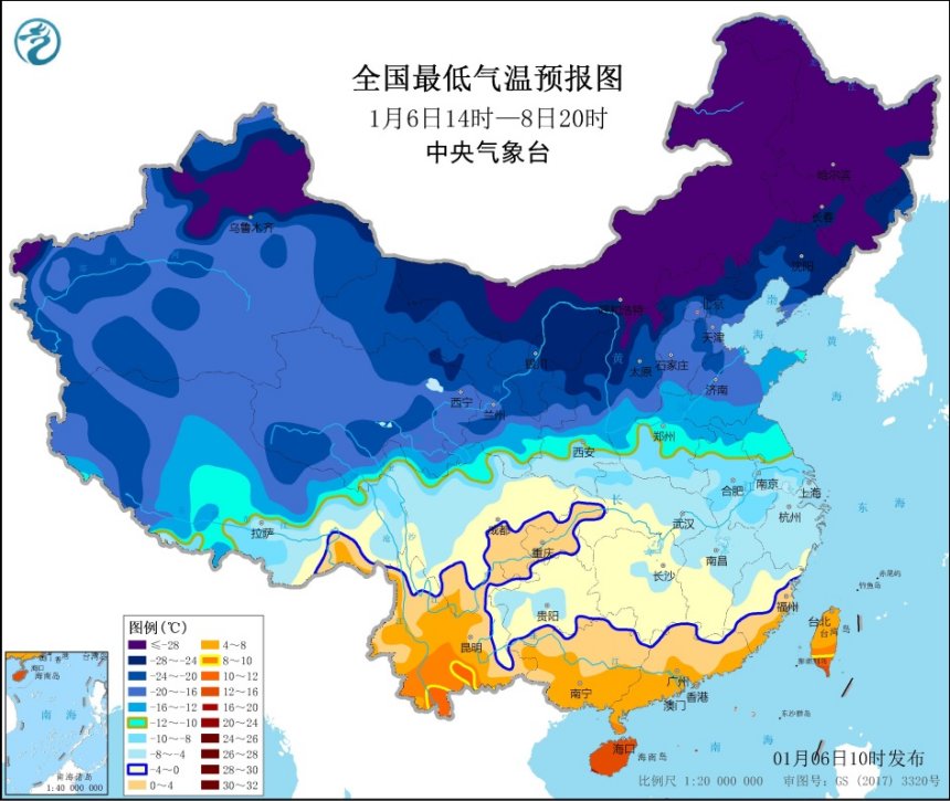 寒潮蓝色预警继续!最低气温0℃线将南压至华南北部 2